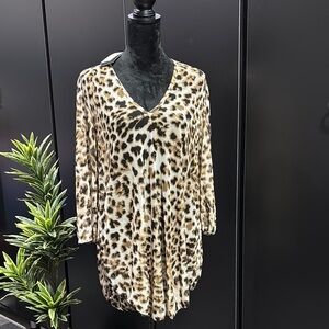 Jordan Taylor Leopard Print V-neck, long sleeve, sheer high low top/coverup +